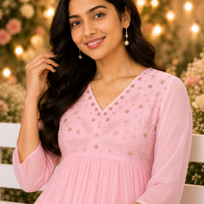 Pink Beads Worked Georgette A-Line Kurti