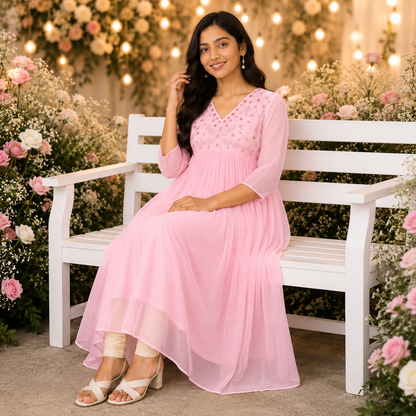 Pink Beads Worked Georgette A-Line Kurti