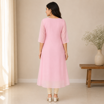 Pink Beads Worked Georgette A-Line Kurti