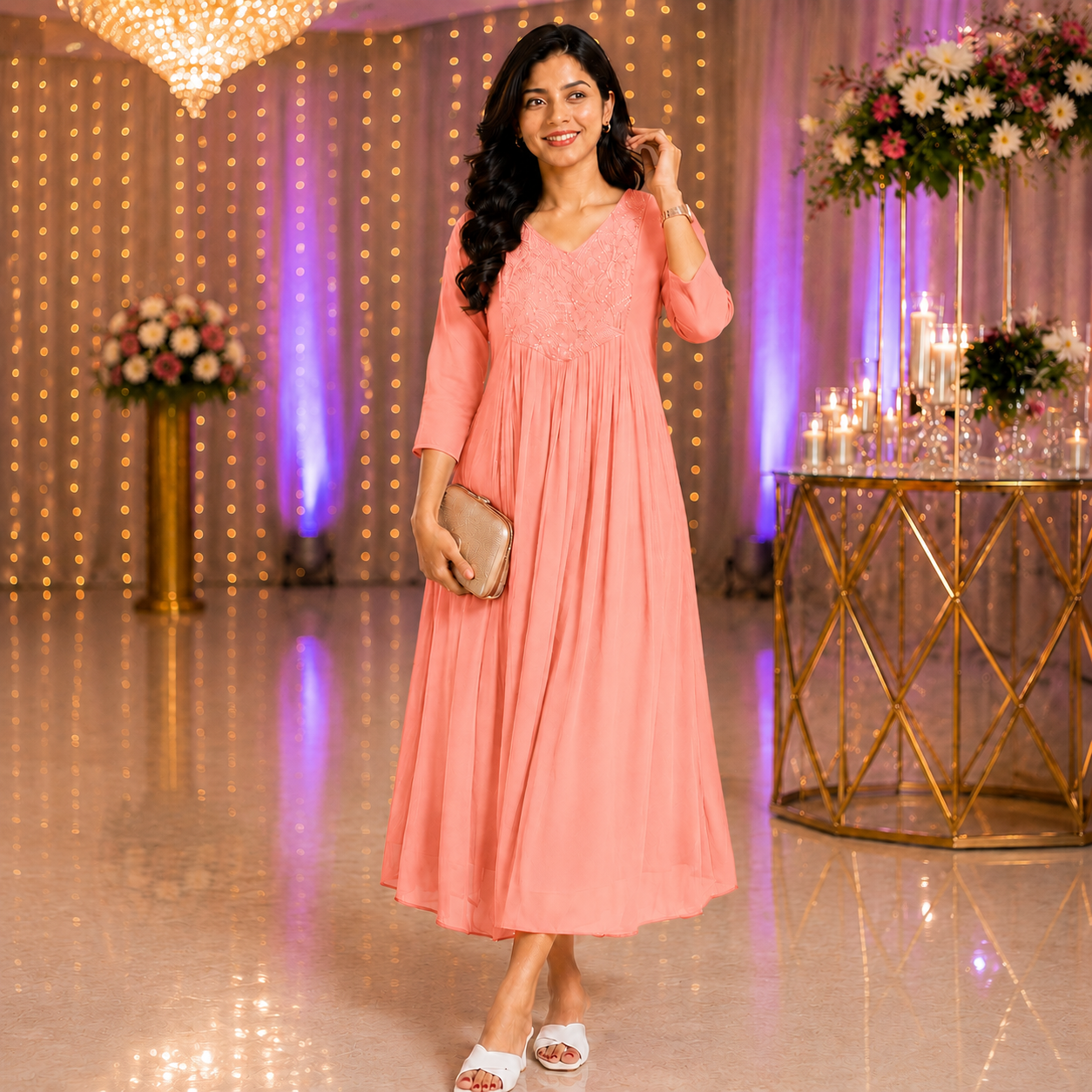 Peach Georgette A-Line Kurti with Beads Work