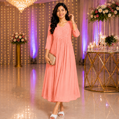 Peach Georgette A-Line Kurti with Beads Work