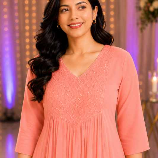 Peach Georgette A-Line Kurti with Beads Work