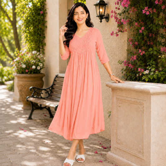 Peach Georgette A-Line Kurti with Beads Work