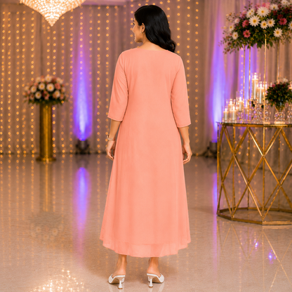 Peach Georgette A-Line Kurti with Beads Work