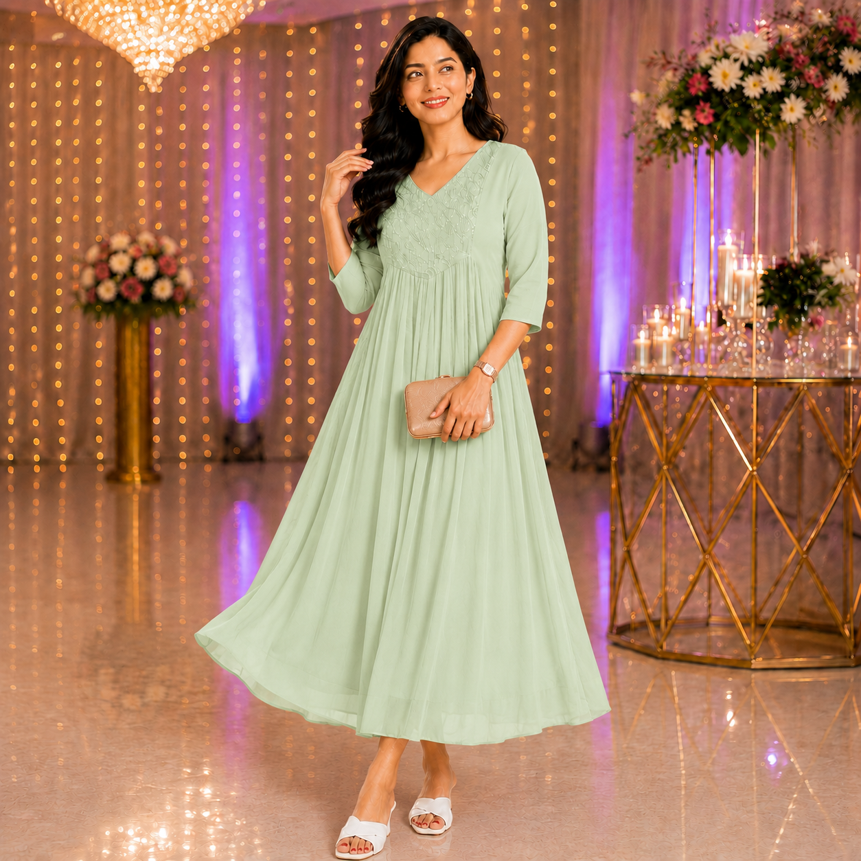 Sage Green Georgette A-Line Kurti with Beads Work