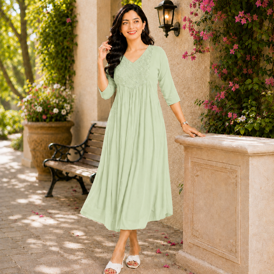 Sage Green Georgette A-Line Kurti with Beads Work