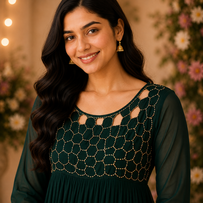 Dark Green Georgette A-Line Kurti with Honeycomb Beads Work