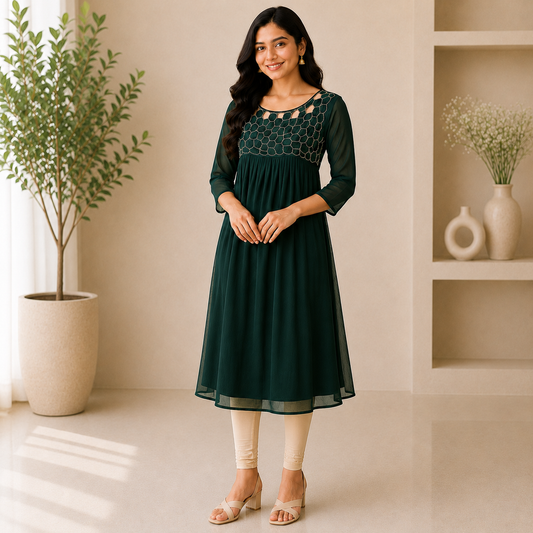 Dark Green Georgette A-Line Kurti with Honeycomb Beads Work
