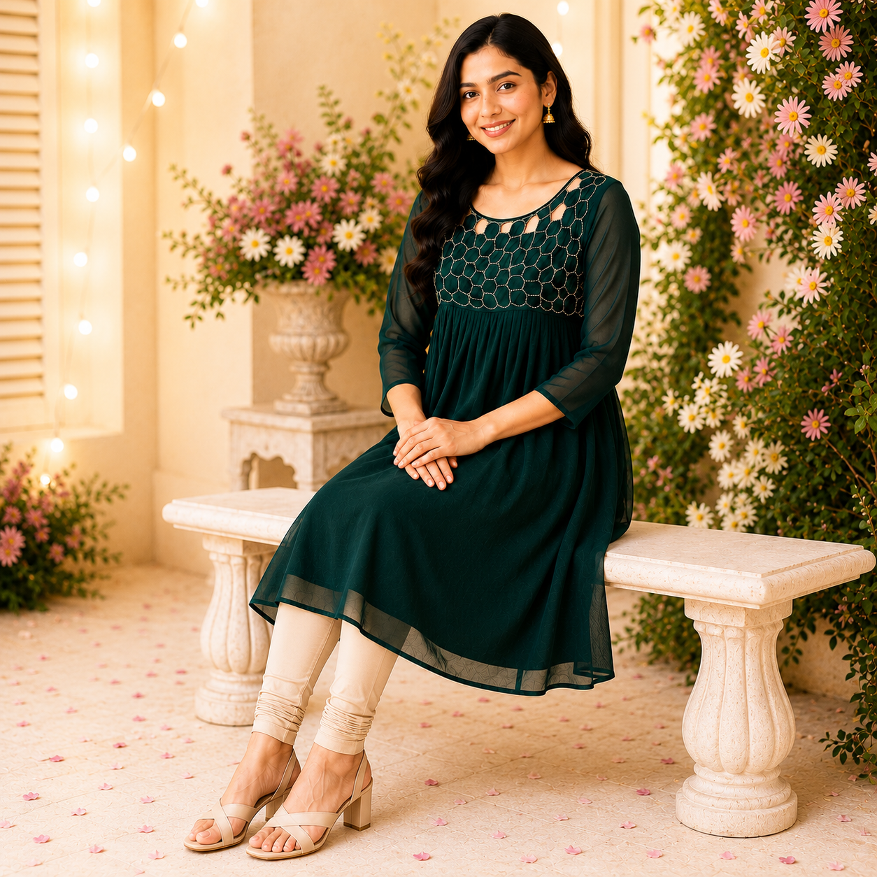 Dark Green Georgette A-Line Kurti with Honeycomb Beads Work