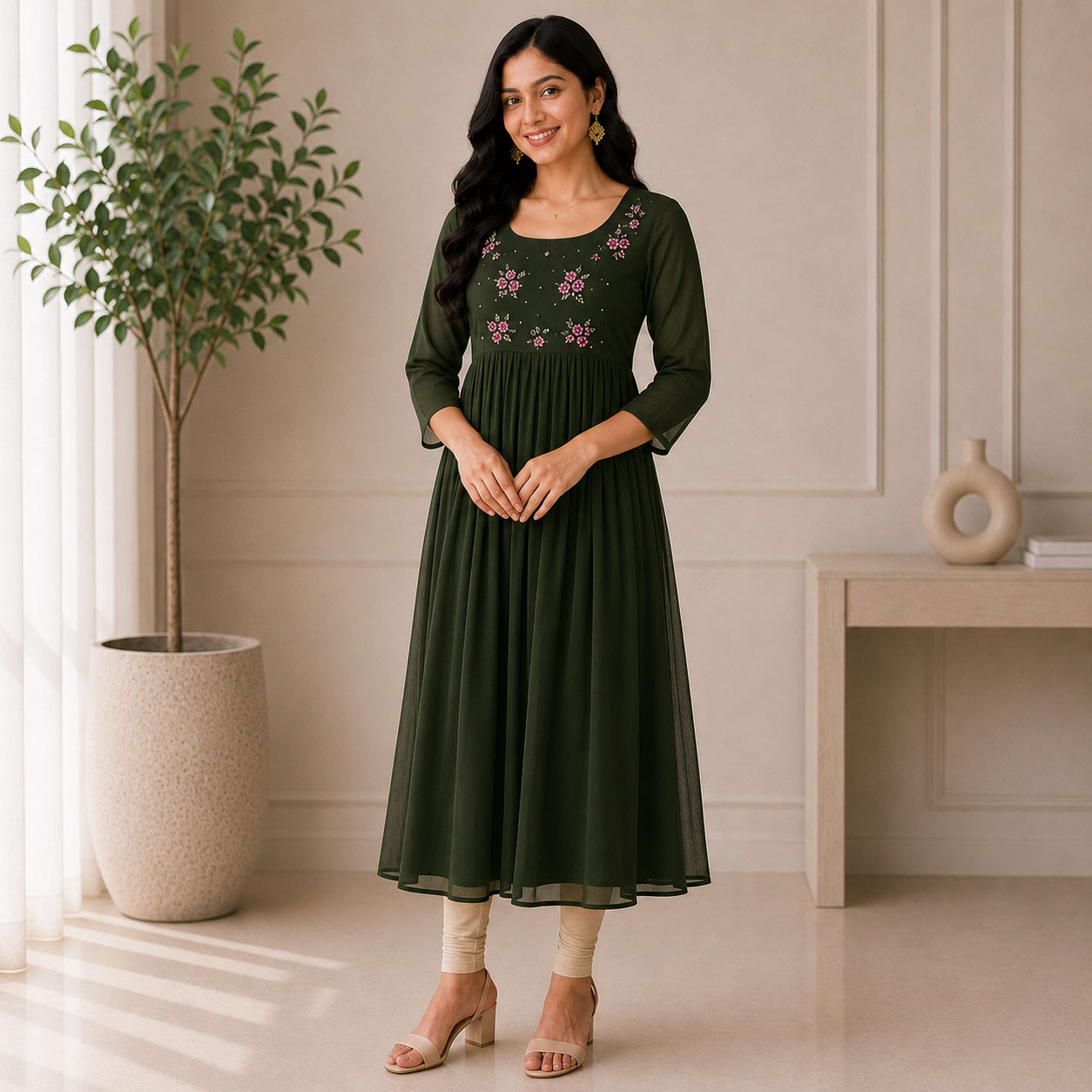 Bottle Green Georgette A-Line Kurti with Floral Beads Work