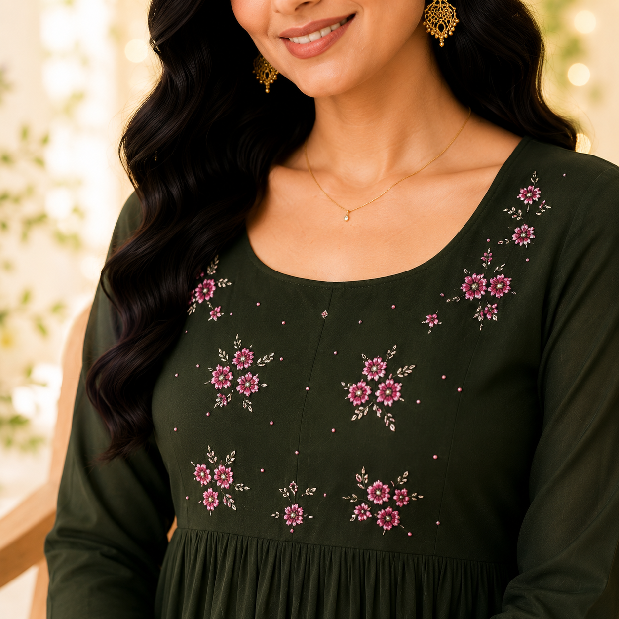 Bottle Green Georgette A-Line Kurti with Floral Beads Work