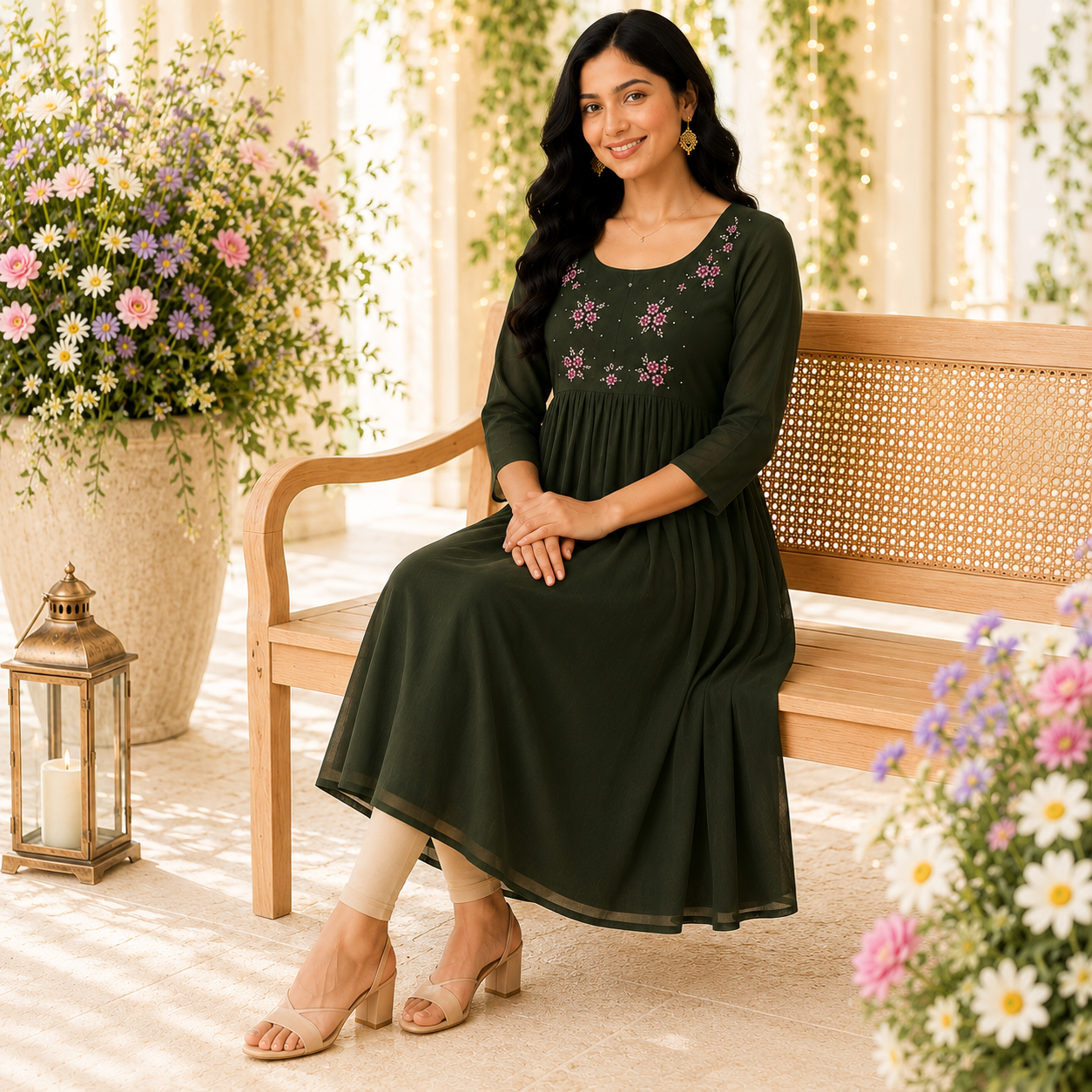 Bottle Green Georgette A-Line Kurti with Floral Beads Work