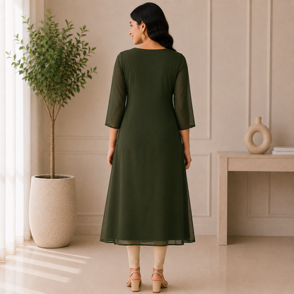 Bottle Green Georgette A-Line Kurti with Floral Beads Work