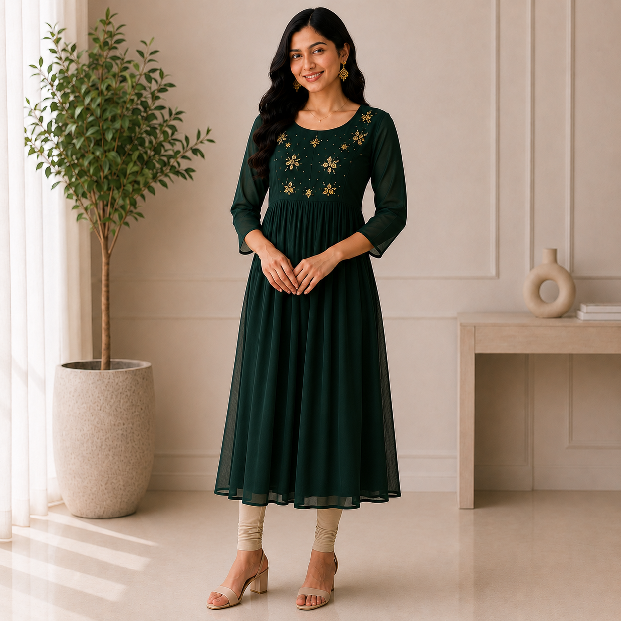 Dark Green Georgette A-Line Kurti with Floral Beads Work