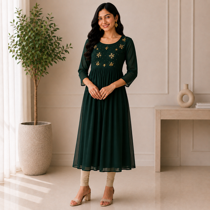 Dark Green Georgette A-Line Kurti with Floral Beads Work