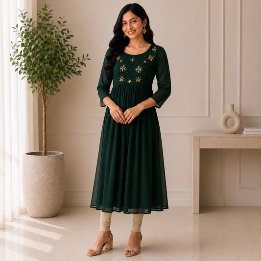 Dark Green Georgette A-Line Kurti with Floral Beads Work