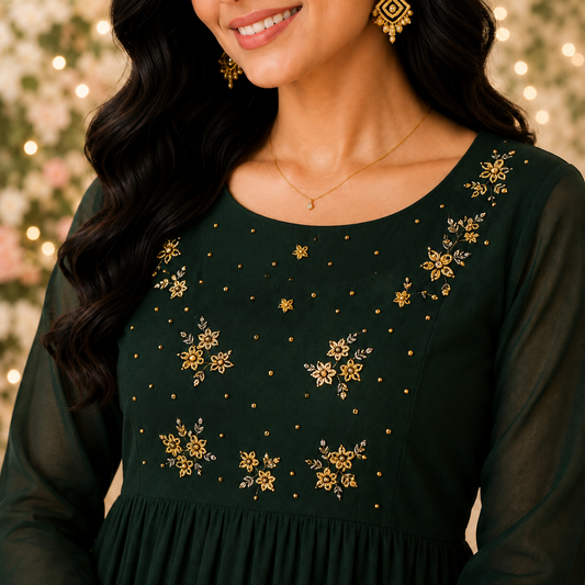 Dark Green Georgette A-Line Kurti with Floral Beads Work