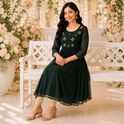 Dark Green Georgette A-Line Kurti with Floral Beads Work