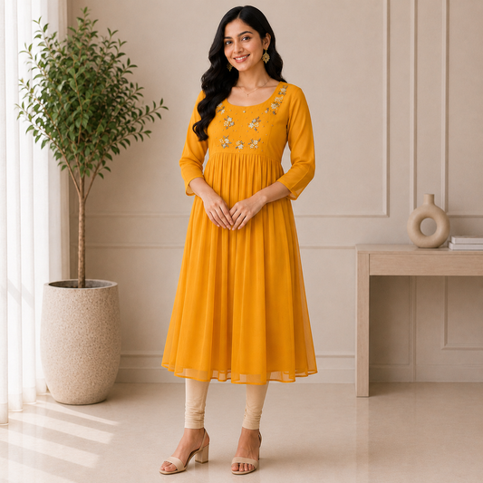 Mustard Yellow Georgette A-Line Kurti with Floral Beads Work