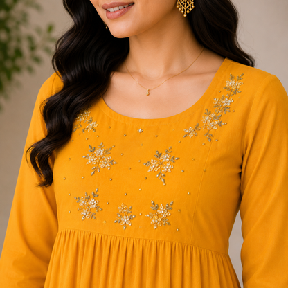 Mustard Yellow Georgette A-Line Kurti with Floral Beads Work