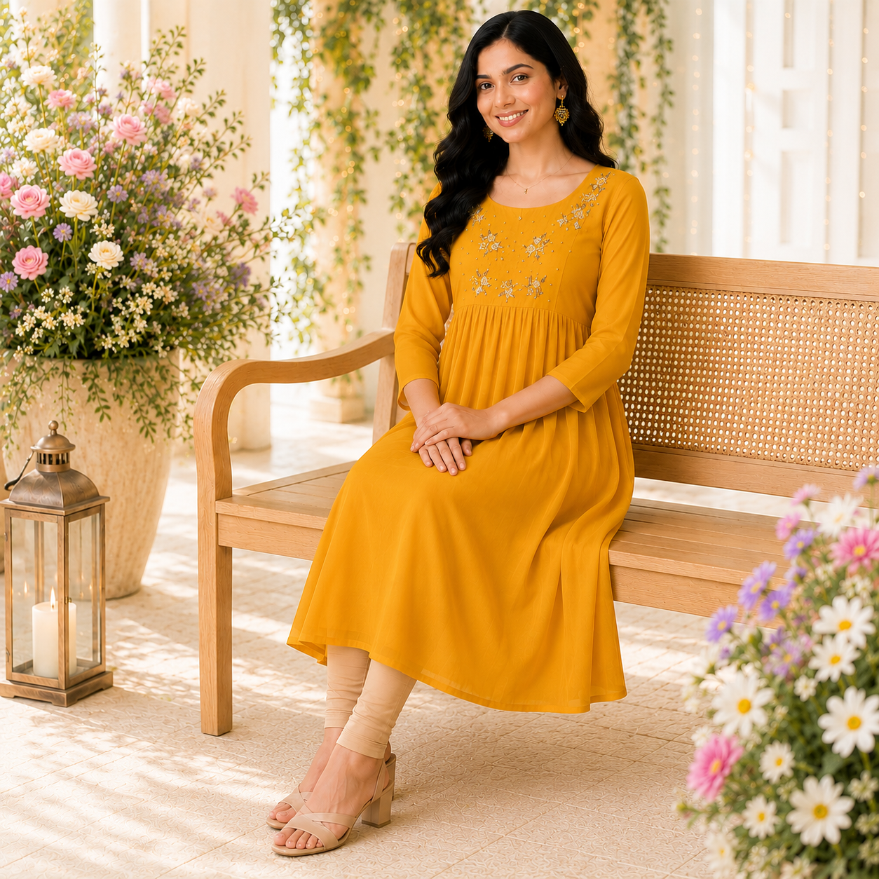 Mustard Yellow Georgette A-Line Kurti with Floral Beads Work