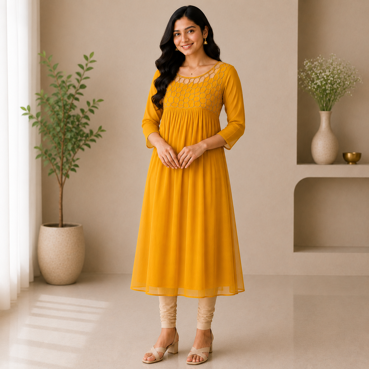 Mustard Yellow Georgette A-Line Kurti with Honeycomb Beads Work