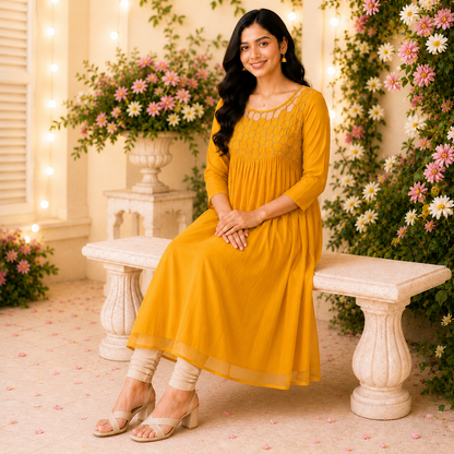 Mustard Yellow Georgette A-Line Kurti with Honeycomb Beads Work