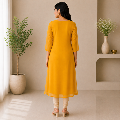 Mustard Yellow Georgette A-Line Kurti with Honeycomb Beads Work