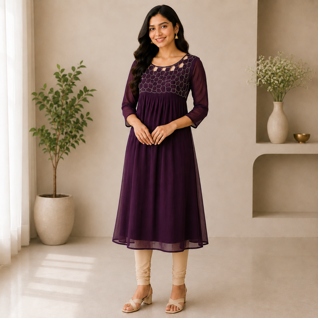Wine Georgette A-Line Kurti with Honeycomb Beads Work