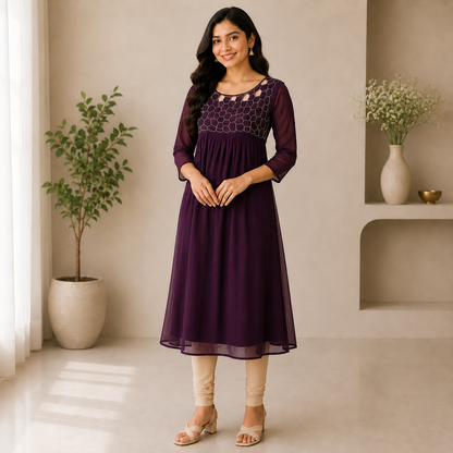 Wine Georgette A-Line Kurti with Honeycomb Beads Work