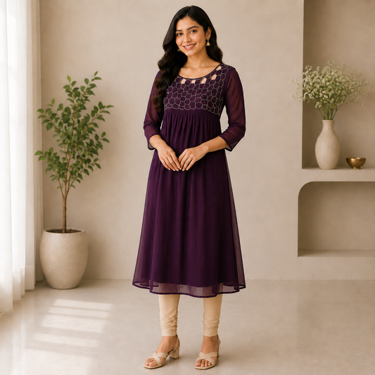 Wine Georgette A-Line Kurti with Honeycomb Beads Work