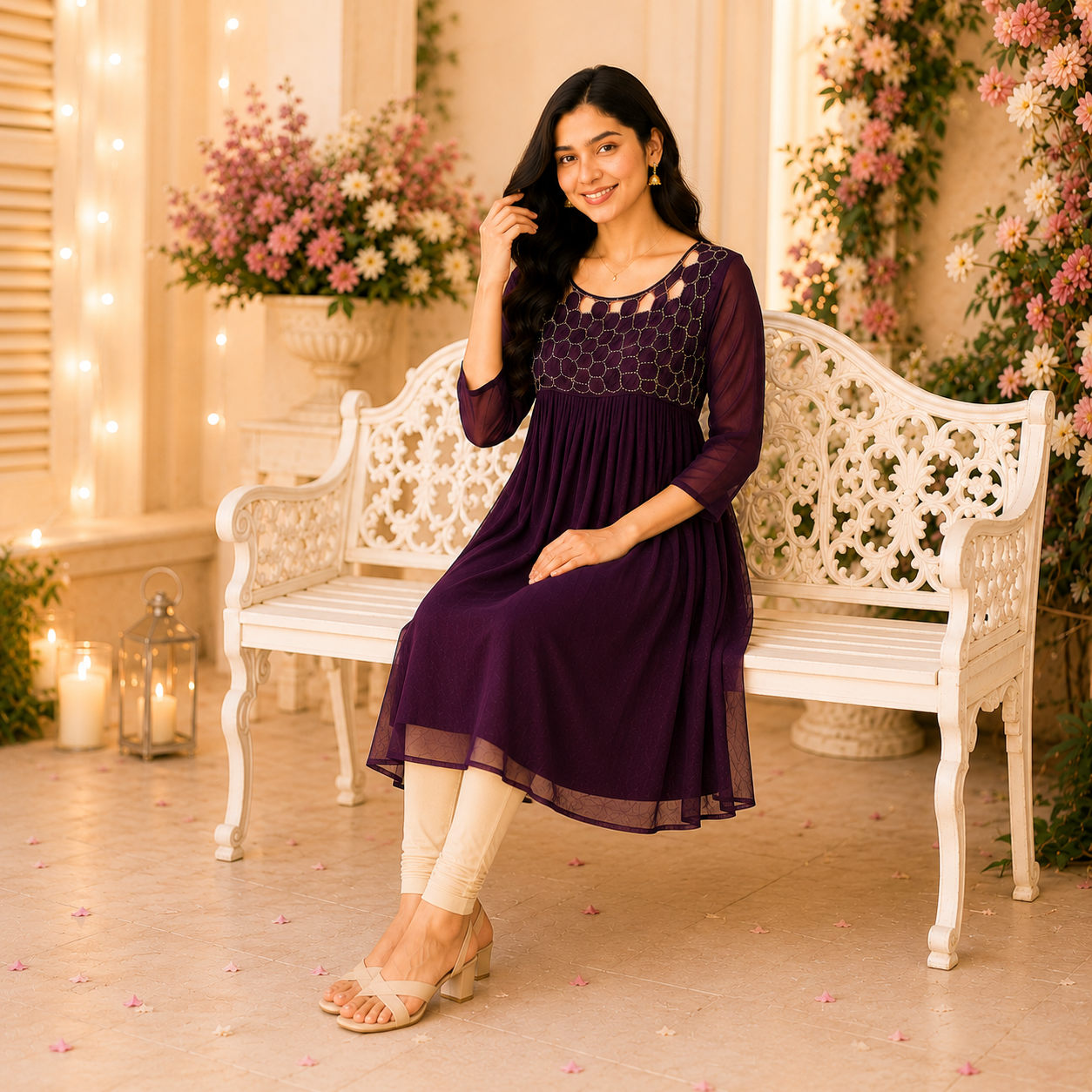 Wine Georgette A-Line Kurti with Honeycomb Beads Work