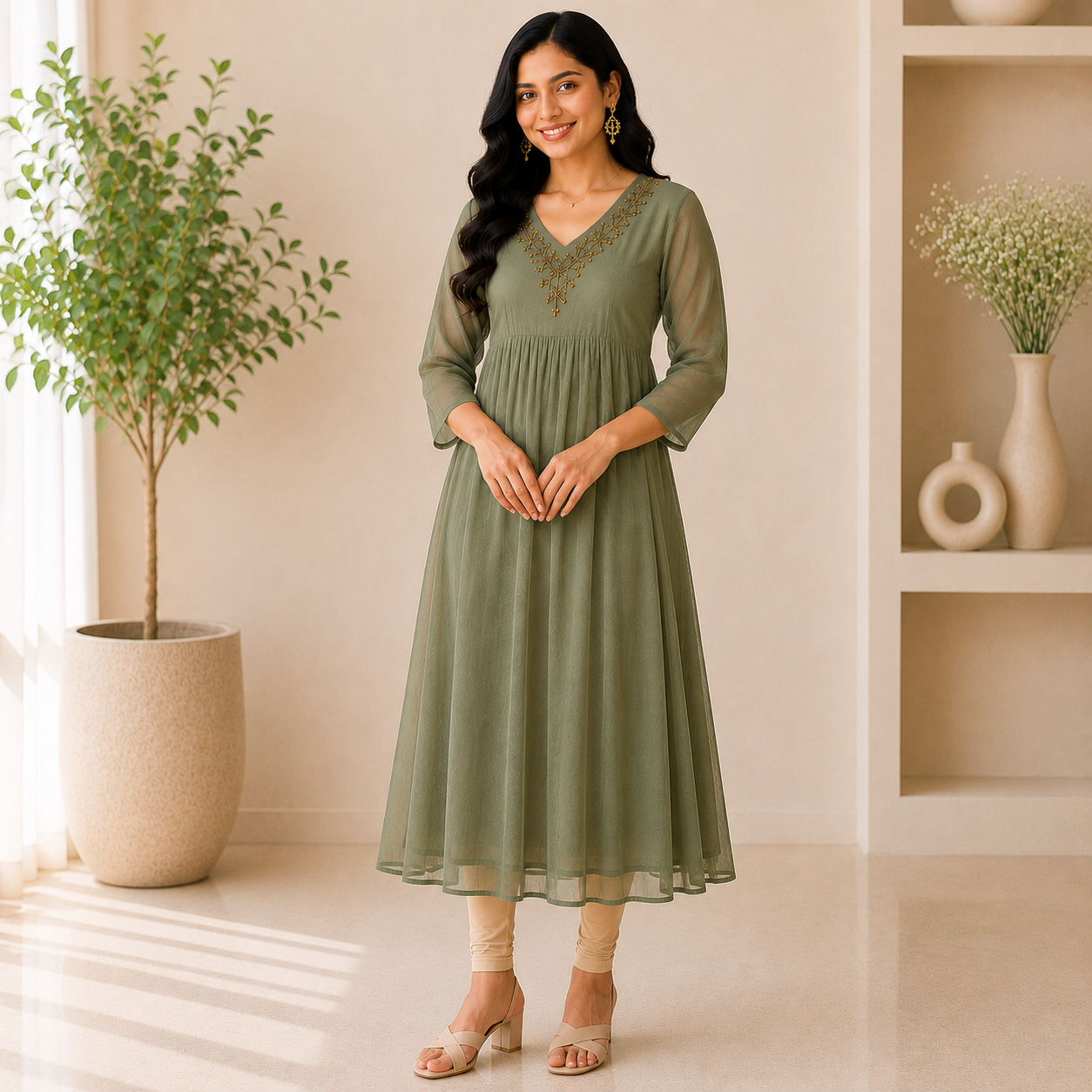 Georgette A-Line Kurti with V-Neck Beads Work