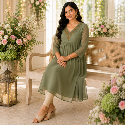 Georgette A-Line Kurti with V-Neck Beads Work