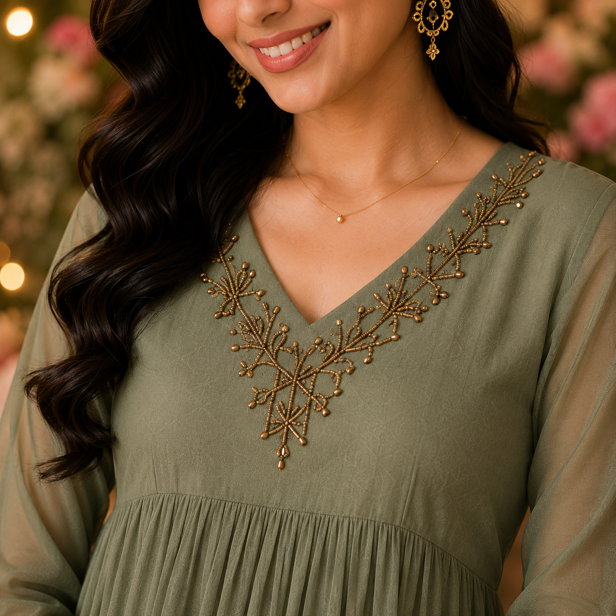Georgette A-Line Kurti with V-Neck Beads Work