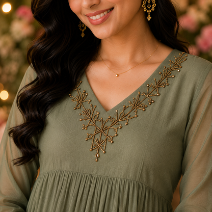 Georgette A-Line Kurti with V-Neck Beads Work