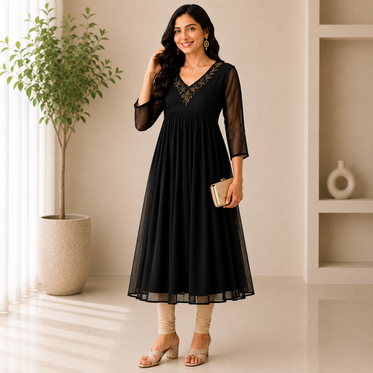 Georgette A-Line Kurti with V-Neck Beads Work