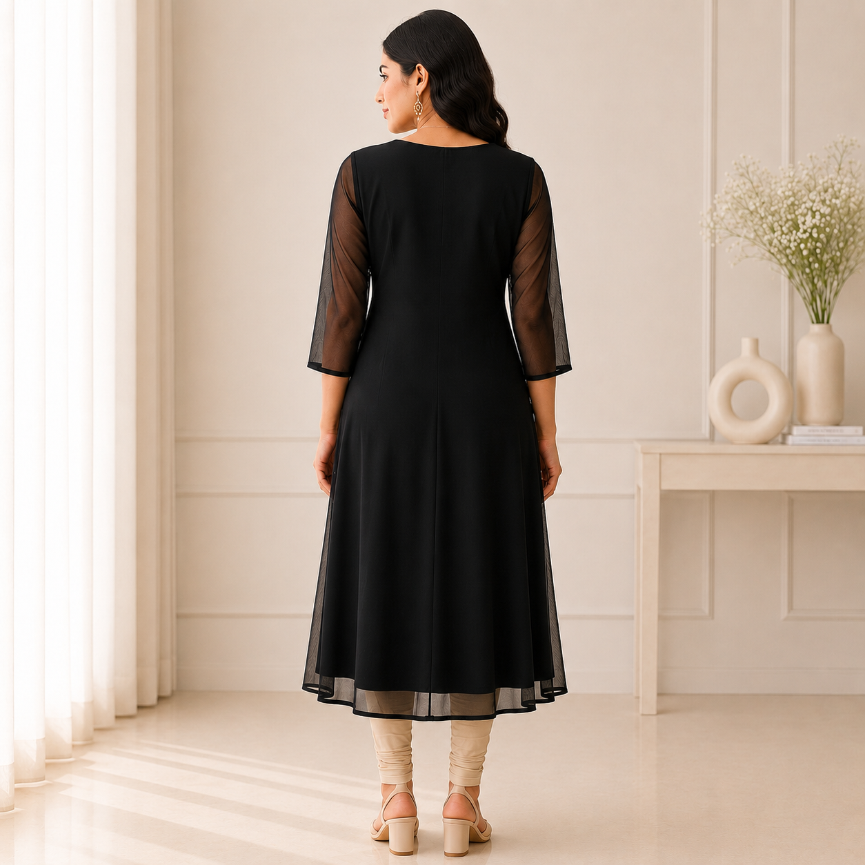 Georgette A-Line Kurti with V-Neck Beads Work