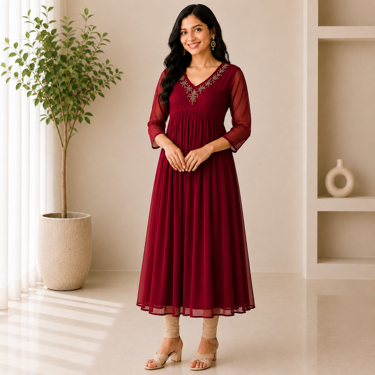 Georgette A-Line Kurti with V-Neck Beads Work