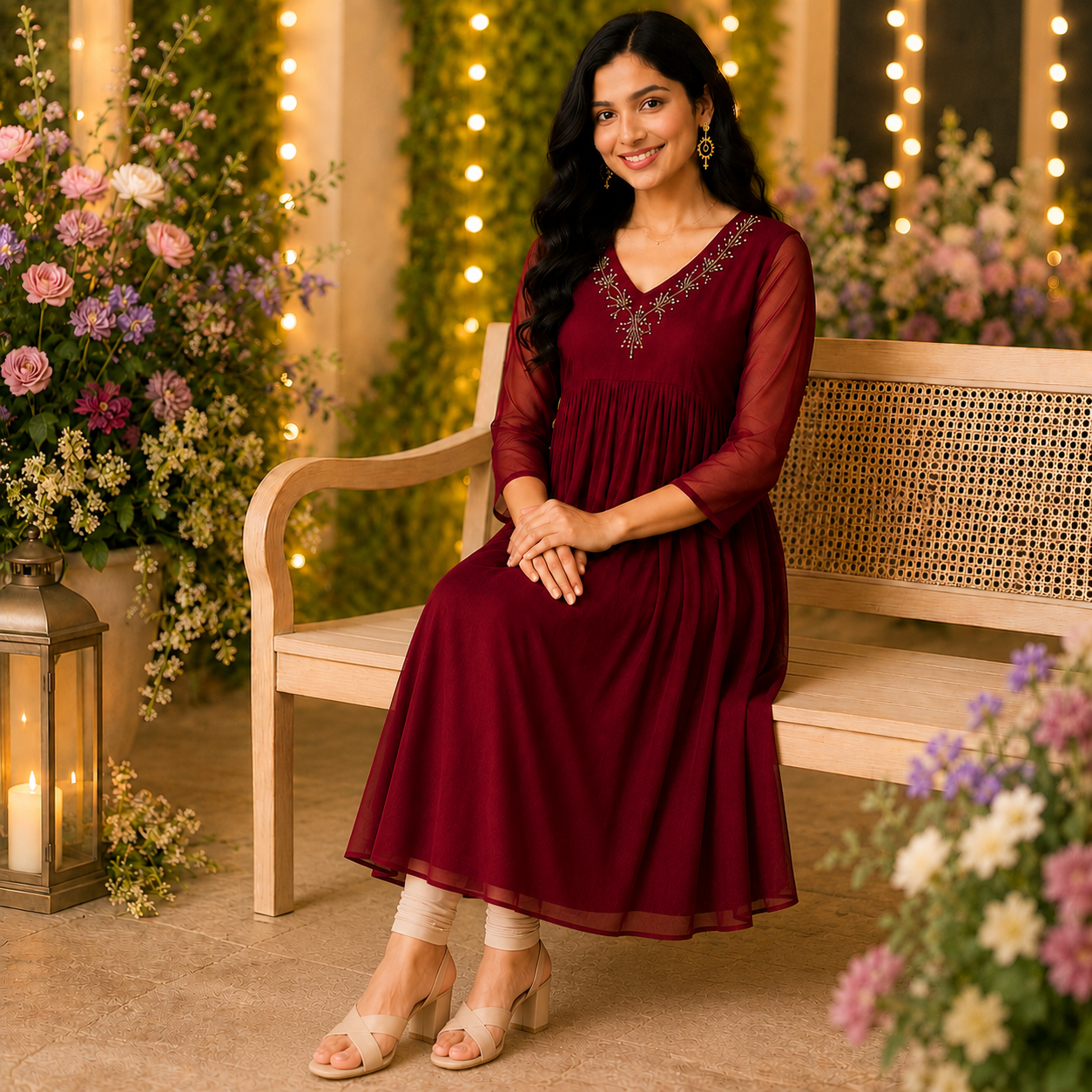 Georgette A-Line Kurti with V-Neck Beads Work
