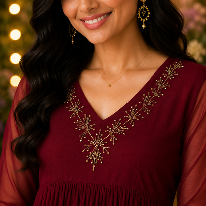 Georgette A-Line Kurti with V-Neck Beads Work