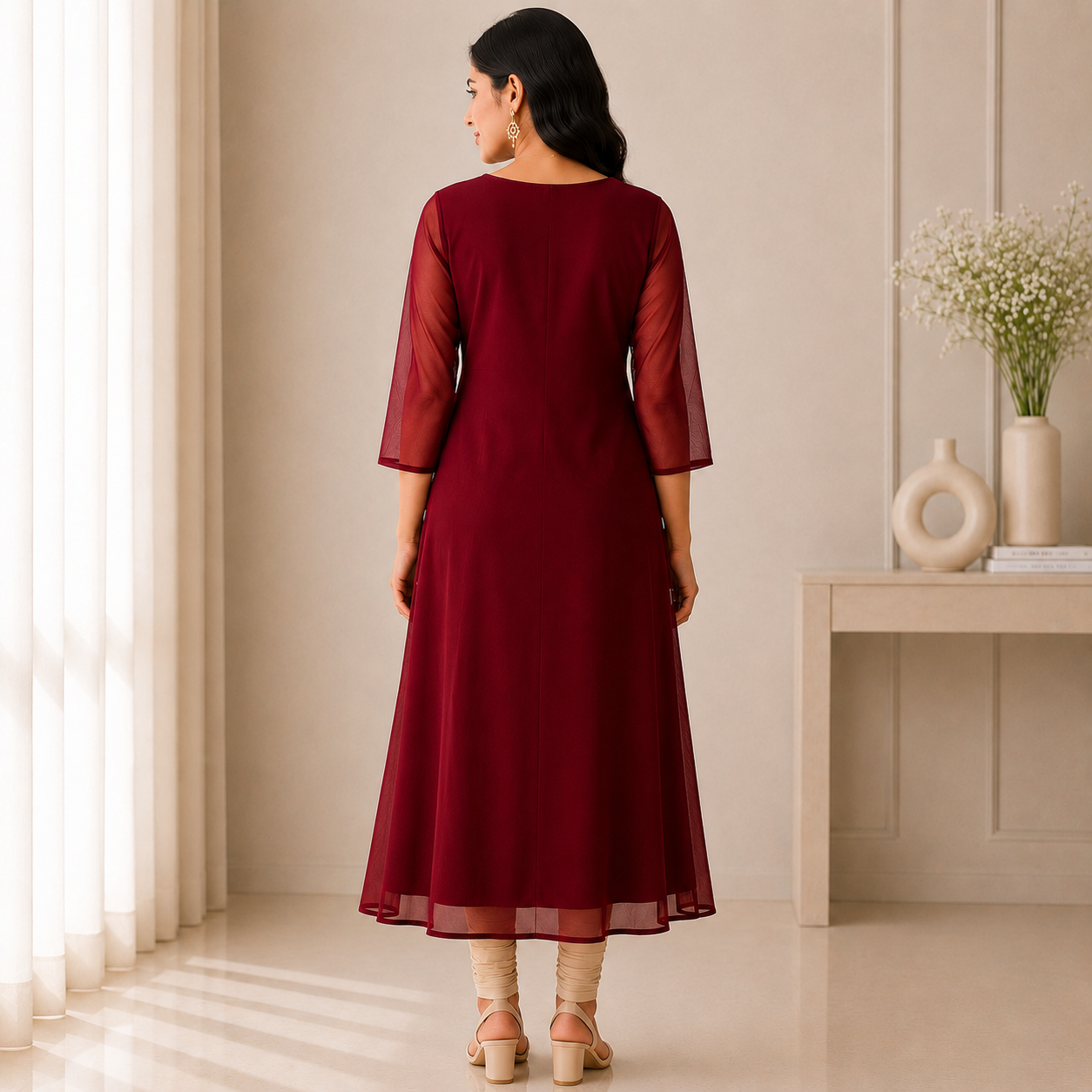 Georgette A-Line Kurti with V-Neck Beads Work