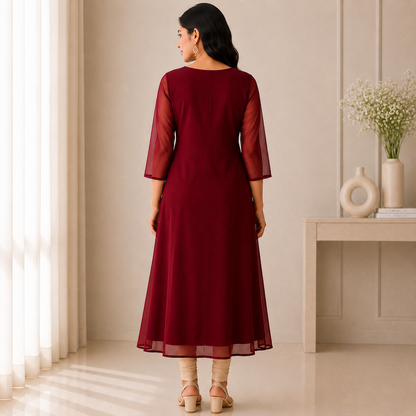 Georgette A-Line Kurti with V-Neck Beads Work