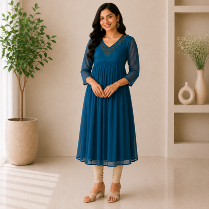 Georgette A-Line Kurti with V-Neck Beads Work