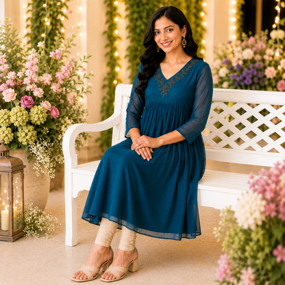 Georgette A-Line Kurti with V-Neck Beads Work