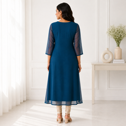 Georgette A-Line Kurti with V-Neck Beads Work