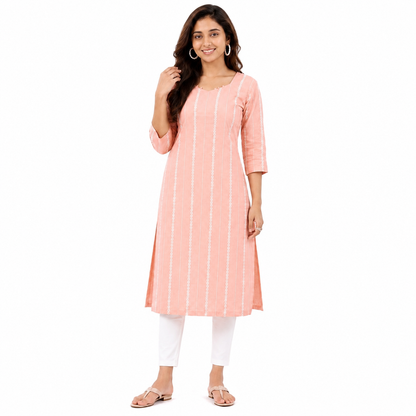 Women Peach Line & Mirror Work Cotton Kurti
