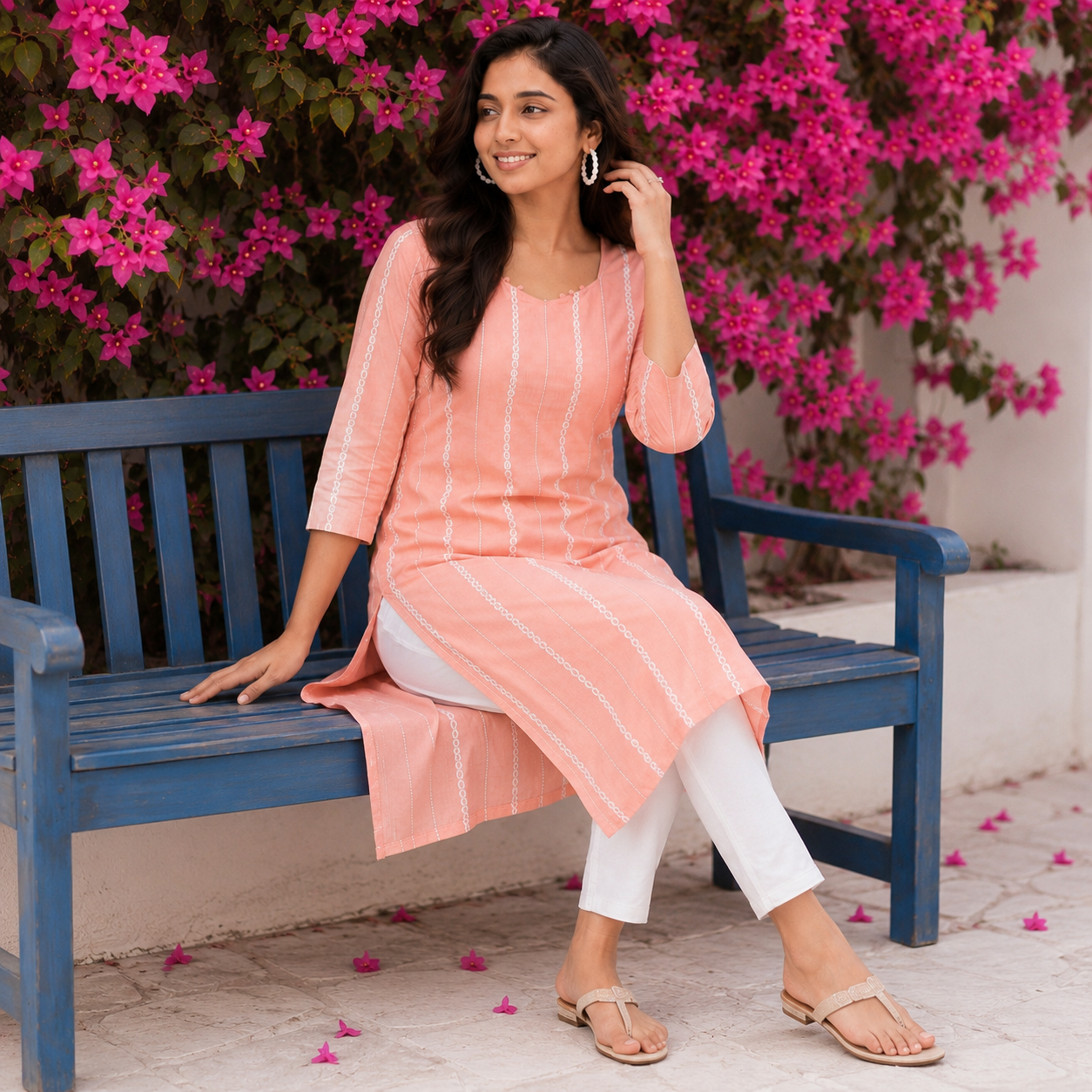 Women Peach Line & Mirror Work Cotton Kurti