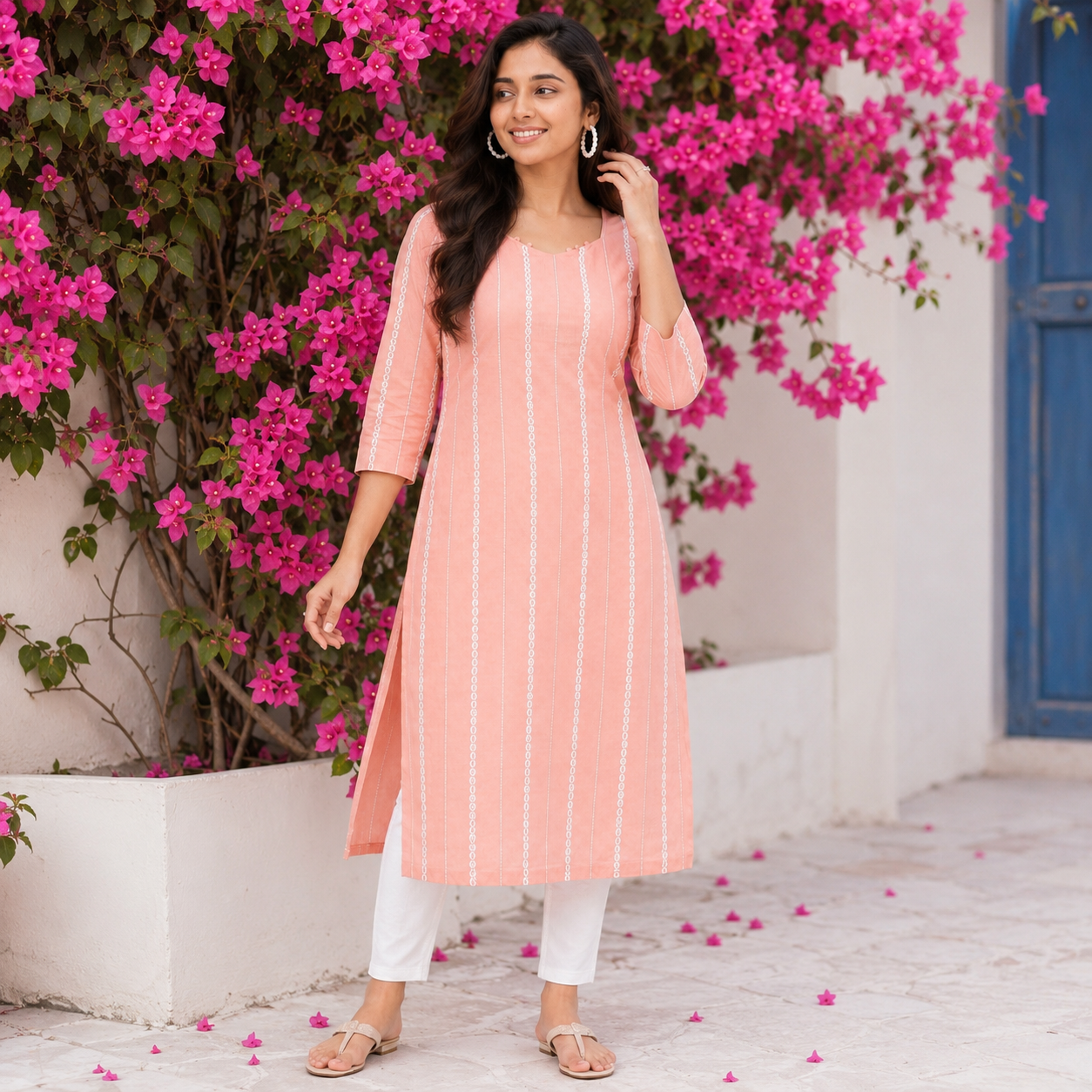 Women Peach Line & Mirror Work Cotton Kurti
