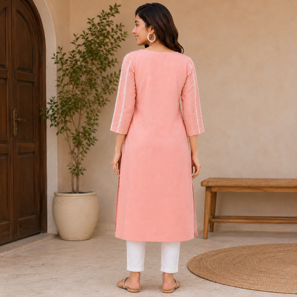 Women Peach Line & Mirror Work Cotton Kurti